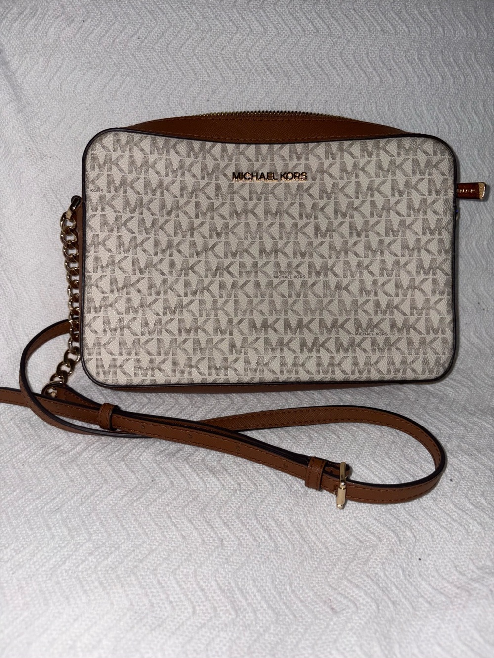 Michael Kors Beige Monogram Crossbody with Brown Trim